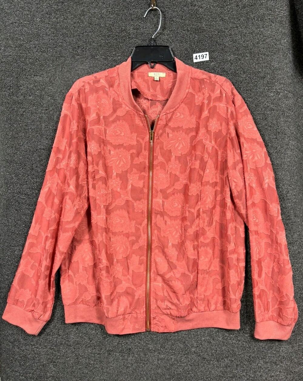 Kori America Floral Bomber Jacket Womens Size L Maroon Full Zip Long Sleeve